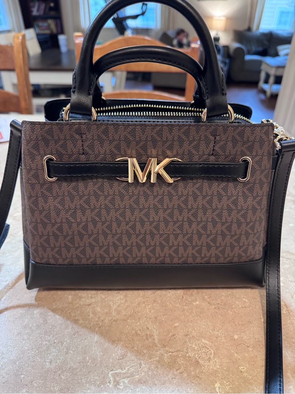 Michael Kors Brown and Black MK Logo Satchel with Gold Hardware